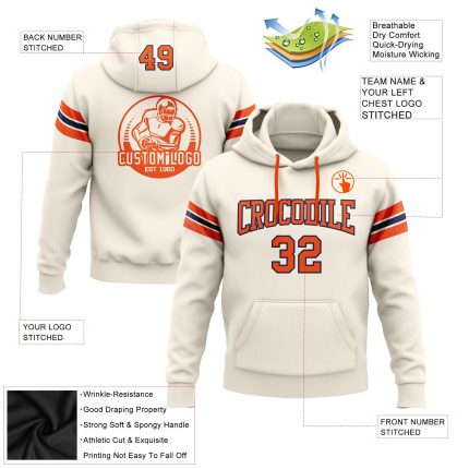 Custom Football Hoodie with Personalized Name and Number - Stitched Cream Orange-Navy Pullover Sweatshirt Personalized Stitched