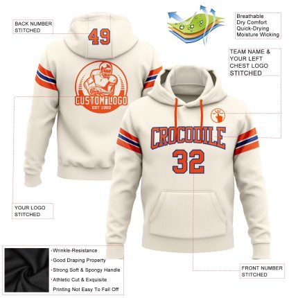 Custom Team Hoodie with Personalized Name & Number - Stitched Cream Orange-Royal Football Pullover Sweatshirt Personalized