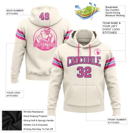 Custom Football Hoodie with Stitched Name & Number - Cream Pink Black Light Blue Sweatshirt Pullover Personalized Stitched
