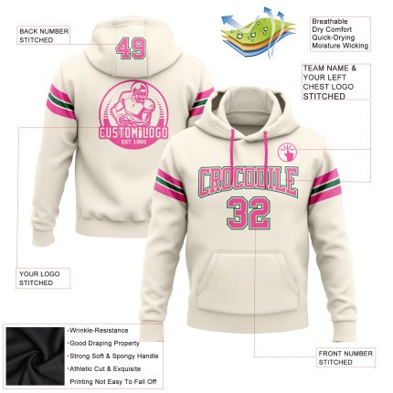 Custom Football Hoodie Personalized Stitched Sweatshirt with Name & Number in Cream Pink and Kelly Green Personalized Stitched