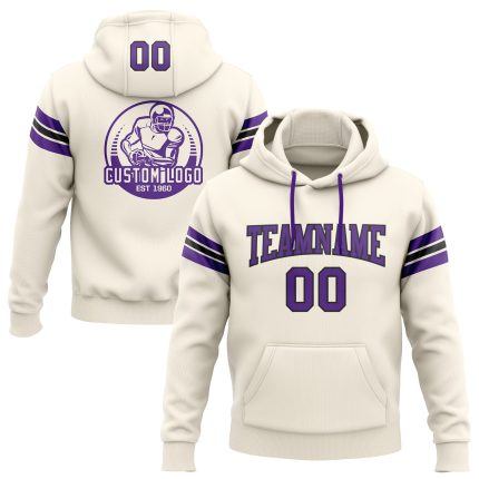 Custom Name and Number Stitched Football Hoodie Sweatshirt in Cream Purple and Black Personalized Stitched Cream Purple-Black