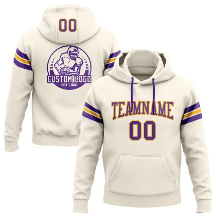 Custom Football Hoodie with Stitched Name and Number - Cream Purple Gold Pullover Sweatshirt Personalized Stitched Cream