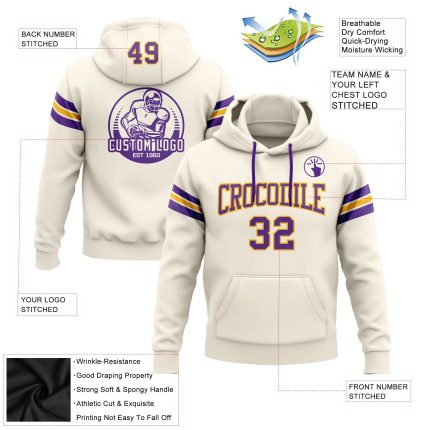 Custom Football Hoodie with Stitched Name and Number - Cream Purple Gold Pullover Sweatshirt Personalized Stitched Cream