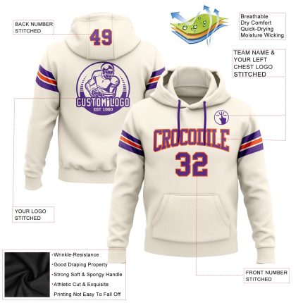 Custom Name Number Football Hoodie Sweatshirt Personalized Stitched Cream Purple Orange Team Apparel Personalized Stitched