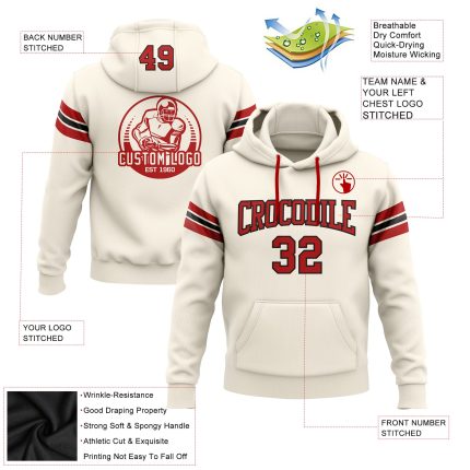 Custom Stitched Football Hoodie Pullover Sweatshirt with Name & Number - Cream Red-Black Team Apparel Personalized Stitched