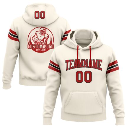 Custom Stitched Football Hoodie Pullover Sweatshirt with Name & Number - Cream Red-Black Team Apparel Personalized Stitched