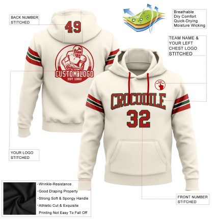 Custom Football Hoodie with Stitched Name & Number in Cream Red-Green Pullover Style Personalized Stitched Cream Red-Green