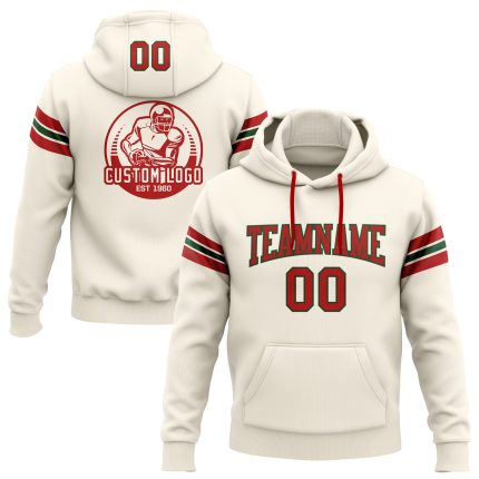 Custom Football Hoodie with Stitched Name & Number in Cream Red-Green Pullover Style Personalized Stitched Cream Red-Green
