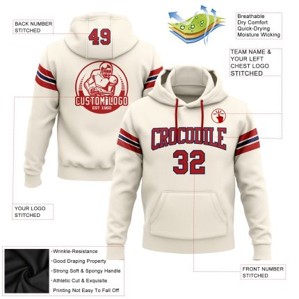 Custom Team Hoodie with Personalized Name & Number - Cream Red-Navy Football Pullover Sweatshirt Personalized Stitched Cream