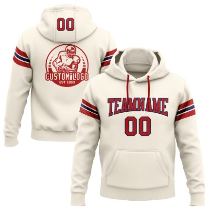 Custom Team Hoodie with Personalized Name & Number - Cream Red-Navy Football Pullover Sweatshirt Personalized Stitched Cream