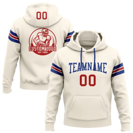 Custom Team Football Hoodie with Personalized Name and Number - Stitched Cream Red-Royal Pullover Sweatshirt Personalized