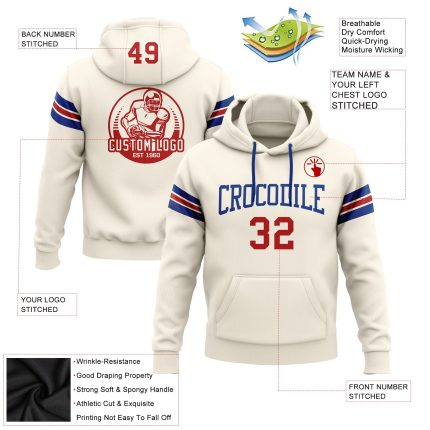Custom Team Football Hoodie with Personalized Name and Number - Stitched Cream Red-Royal Pullover Sweatshirt Personalized