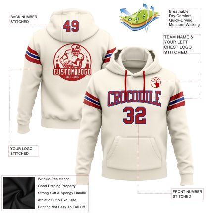 Personalized Red-Royal Football Pullover Hoodie Sweatshirt, Cream Stitched Design Personalized Stitched Cream Red-Royal Football