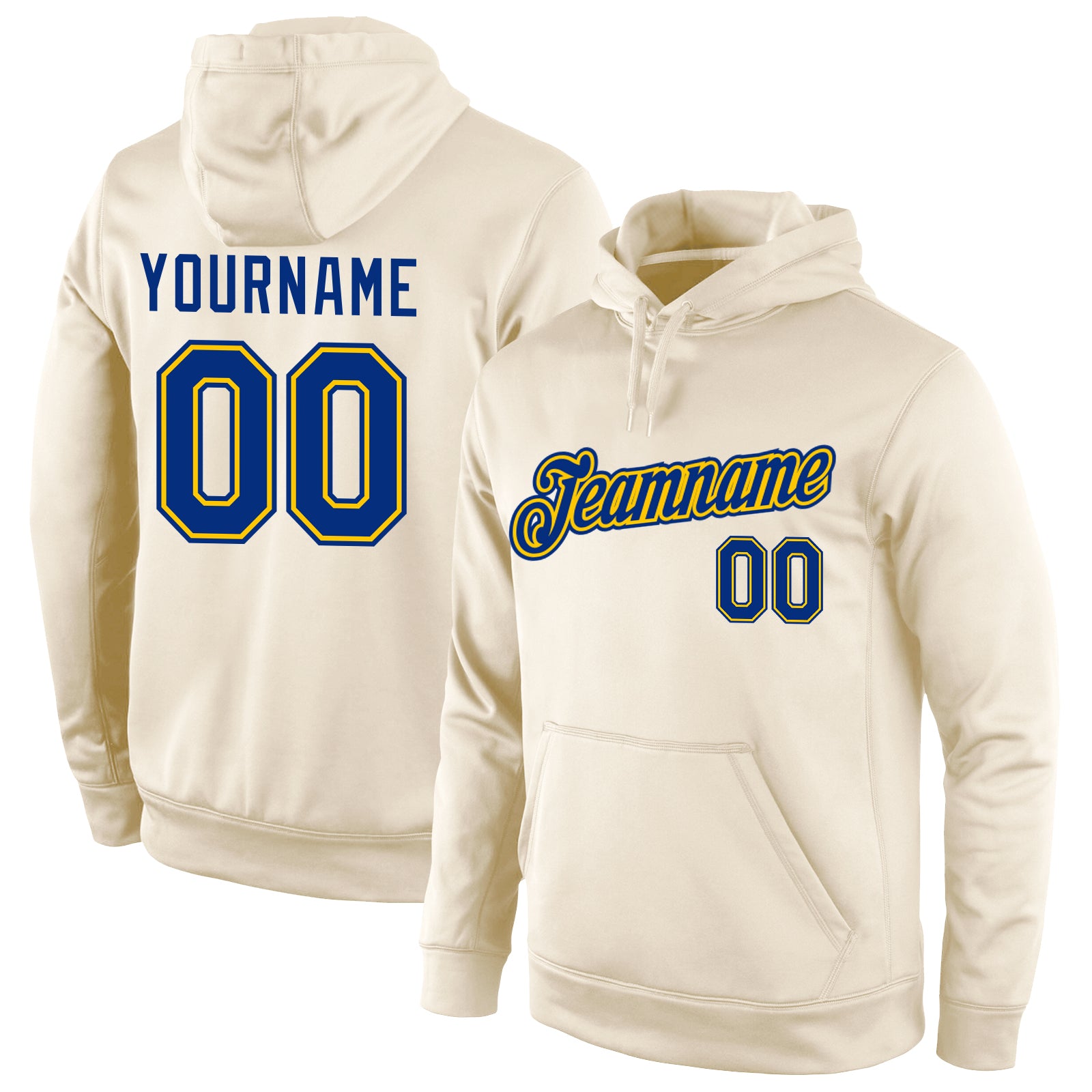 Custom Name Number Sports Hoodie Pullover Sweatshirt Cream Royal-Gold Stitched Personalized Stitched Cream Royal-Gold Sports