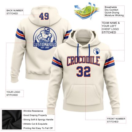 Custom Personalized Royal-Orange Football Hoodie Pullover Sweatshirt with Name & Number - Stitched Cream Team Apparel Personalized