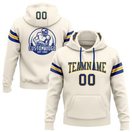 Custom Royal-Yellow Football Hoodie with Personalized Name & Number - Cream Pullover Sweatshirt Personalized Stitched Cream