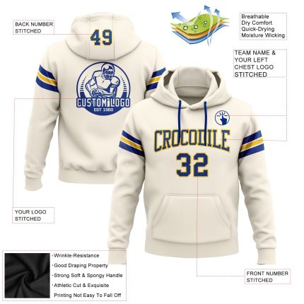 Custom Royal-Yellow Football Hoodie with Personalized Name & Number - Cream Pullover Sweatshirt Personalized Stitched Cream