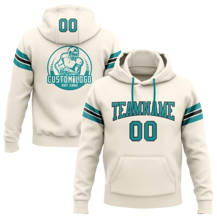 Custom Name and Number Hoodie for Football - Personalized Cream Teal-Black Pullover Sweatshirt Personalized Stitched Cream