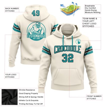 Custom Name and Number Hoodie for Football - Personalized Cream Teal-Black Pullover Sweatshirt Personalized Stitched Cream