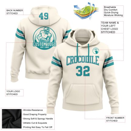 Custom Name and Number Football Sweatshirt Hoodie - Personalized Stitched Cream Teal-Gray Pullover for Team Comfort Personalized