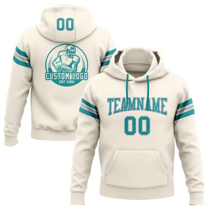 Custom Name and Number Football Sweatshirt Hoodie - Personalized Stitched Cream Teal-Gray Pullover for Team Comfort Personalized