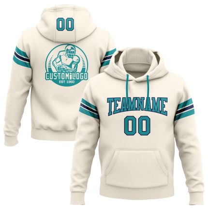 Custom Football Hoodie Sweatshirt with Stitched Name & Number - Cream Teal Navy Pullover Personalized Stitched Cream Teal-Navy