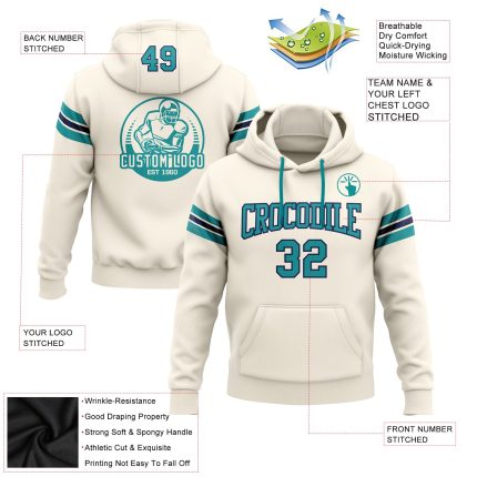 Custom Football Hoodie Sweatshirt with Stitched Name & Number - Cream Teal Navy Pullover Personalized Stitched Cream Teal-Navy