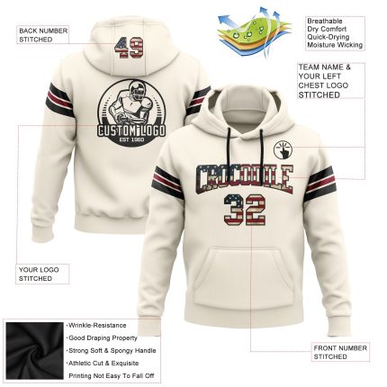 Custom Vintage USA Flag Pullover Hoodie Sweatshirt - Personalized Black-Crimson Football Team with Your Name & Number Personalized