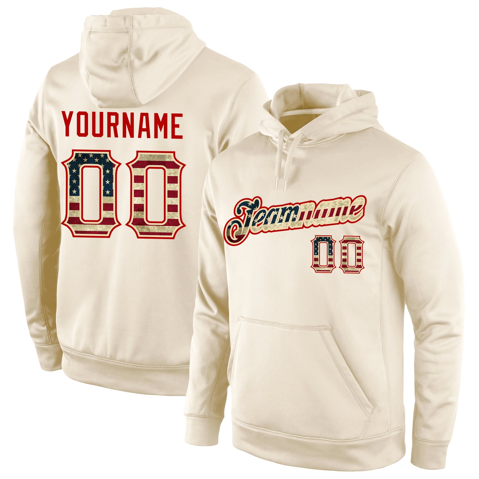 Custom Name Number Vintage USA Flag Red Pullover Hoodie Cream Sports Sweatshirt Personalized Stitched Cream Vintage USA Flag-Red