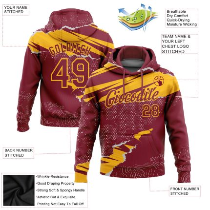 Custom Name Number Sports Hoodie Sweatshirt with 3D Torn Paper Style Design in Crimson Gold - Personalized Stitched Pullover