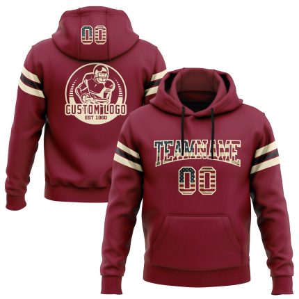Custom Name & Number Crimson Vintage USA Flag Pullover Hoodie Sweatshirt - Personalized Stitched Football Apparel Personalized