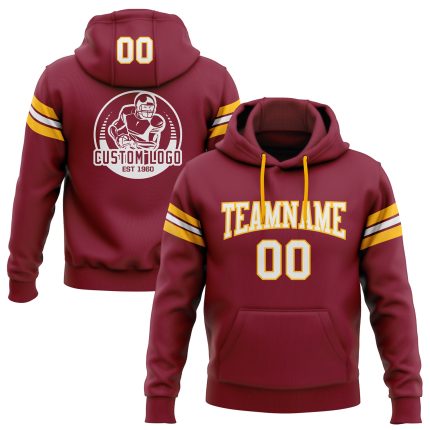 Custom Name Number Crimson and White Gold Football Hoodie Pullover Sweatshirt - Personalized Team Apparel Personalized Stitched