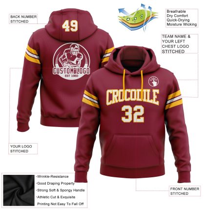 Custom Name Number Crimson and White Gold Football Hoodie Pullover Sweatshirt - Personalized Team Apparel Personalized Stitched