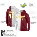 Custom Team Hoodie with Personalized Name and Number, Crimson & White-Gold Split Pullover Sweatshirt Personalized Stitched