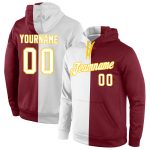 Custom Team Hoodie with Personalized Name and Number, Crimson & White-Gold Split Pullover Sweatshirt Personalized Stitched