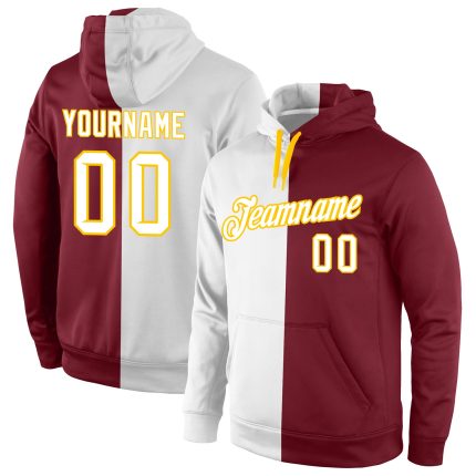 Custom Team Hoodie with Personalized Name and Number, Crimson & White-Gold Split Pullover Sweatshirt Personalized Stitched