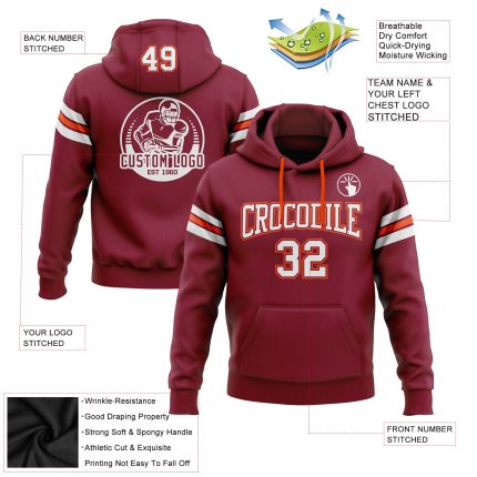 Custom Name Number Crimson White Orange Football Hoodie Sweatshirt - Personalized Stitched Pullover Team Apparel Personalized