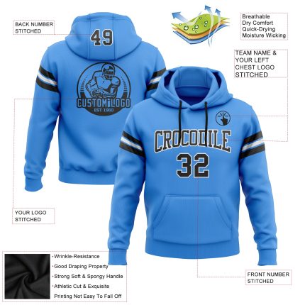 Custom Electric Blue Black-White Football Hoodie with Stitched Name & Number - Personalized Pullover Sweatshirt Personalized