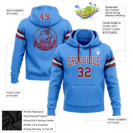 Custom Electric Blue Crimson-White Football Hoodie Personalized with Name and Number - Stitched Pullover Sweatshirt Personalized