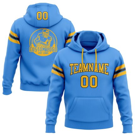 Custom Electric Blue Gold-Black Football Hoodie with Personalized Name and Number - Stitched Sweatshirt Pullover Personalized