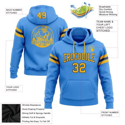 Custom Electric Blue Gold-Black Football Hoodie with Personalized Name and Number - Stitched Sweatshirt Pullover Personalized