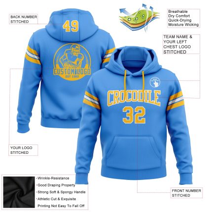 Custom Electric Blue Football Hoodie with Gold-White Design, Personalized Name & Number, Stitched Pullover Sweatshirt Personalized