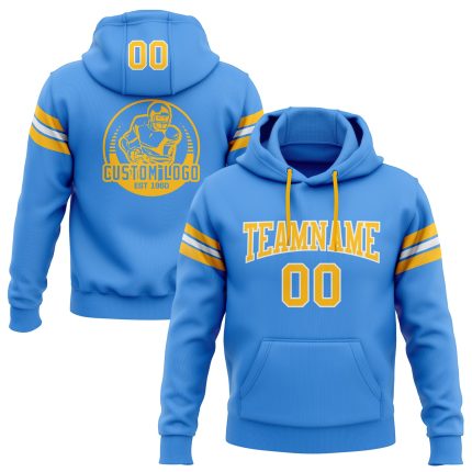 Custom Electric Blue Football Hoodie with Gold-White Design, Personalized Name & Number, Stitched Pullover Sweatshirt Personalized