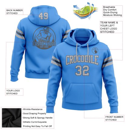 Custom Electric Blue Gray Football Hoodie with Stitched Name & Number - Personalized Pullover Sweatshirt Personalized Stitched
