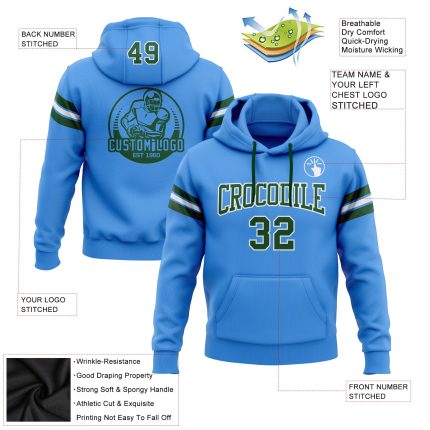 Custom Electric Blue Green-White Football Hoodie with Stitched Name and Number - Personalized Pullover Sweatshirt Personalized