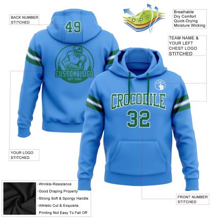 Custom Name Number Hoodie Electric Blue Kelly Green Football Pullover Sweatshirt Personalized Team Apparel Personalized Stitched