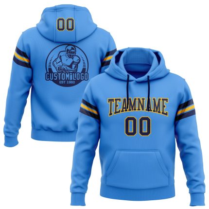 Custom Electric Blue Navy Gold Football Hoodie Sweatshirt with Personalized Name and Number - Stitched Pullover Personalized