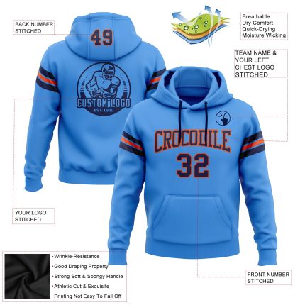 Custom Electric Blue Navy-Orange Football Hoodie with Stitched Name and Number - Personalized Pullover Sweatshirt Personalized