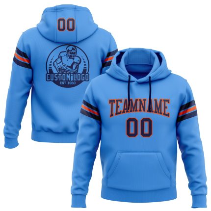 Custom Electric Blue Navy-Orange Football Hoodie with Stitched Name and Number - Personalized Pullover Sweatshirt Personalized