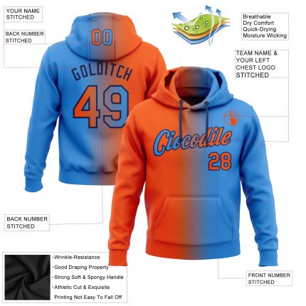 Custom Name Number Electric Blue Orange-Black Gradient Sports Hoodie Pullover Sweatshirt - Personalized Team Apparel Personalized
